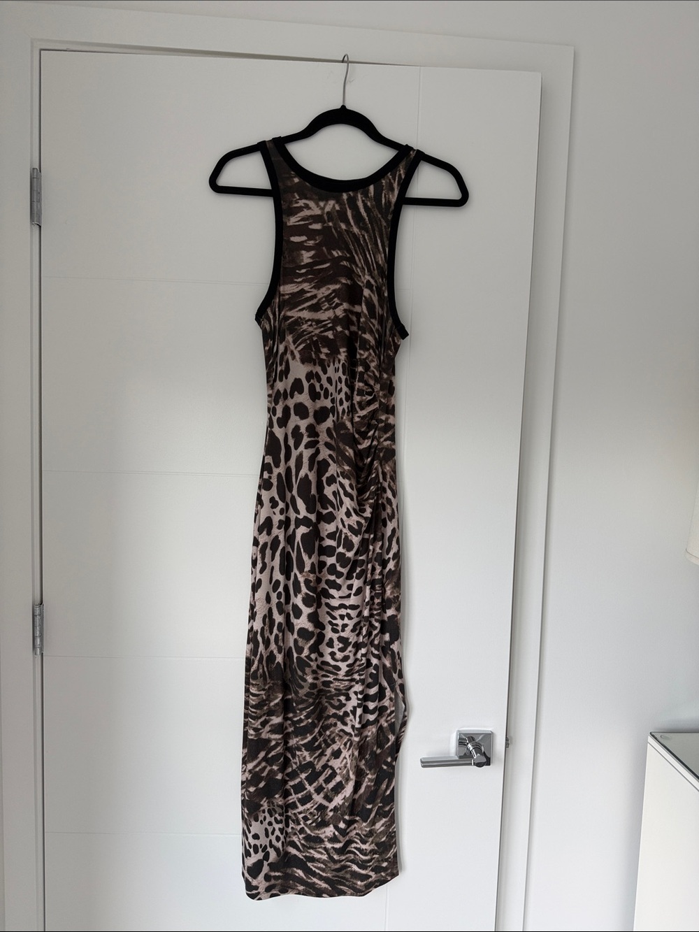 Reiss Brown Animal-Print Midi Tank Dress with Black Trim